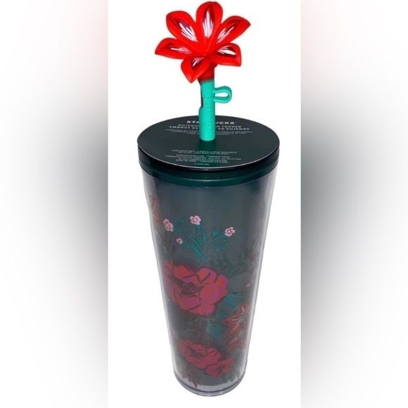 - 2022  Starbucks Tumbler Green "Enchanted Forest"with Flower Straw Topper - Picture 1 of 16